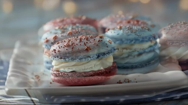Red and blue macarons with cream filling and silver sprinkles