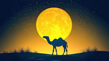Silhouette of a camel in a desert landscape under a large moon.
