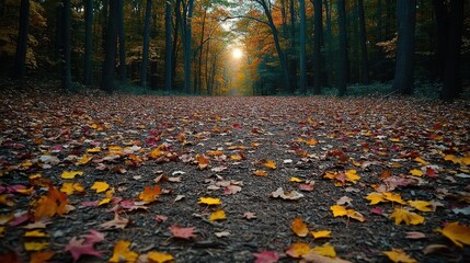 Autumnal Forest Path with Colorful Fallen Leaves and Sunlight Shining Through Dense Trees