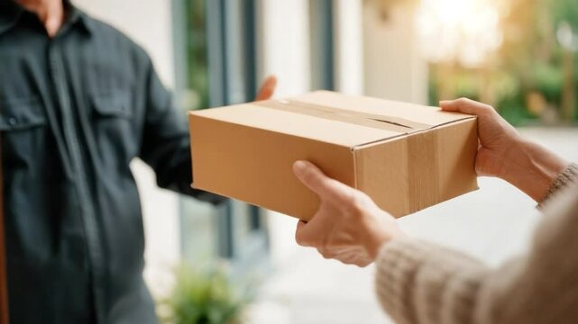 Delivery Service: An outstretched hand receives a package from a delivery person, embodying convenience and reliability in the digital commerce world.