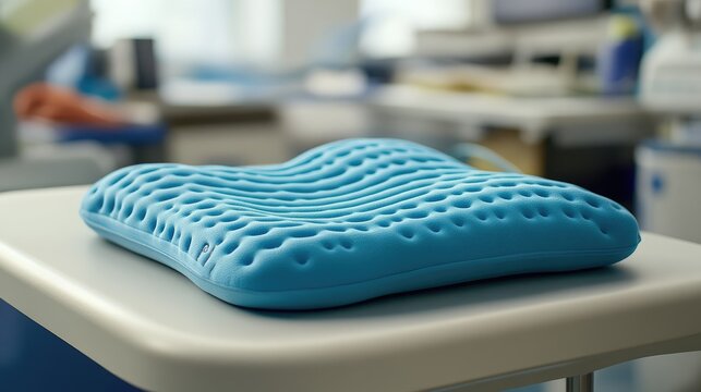 Light-blue supportive cushion on a medical cart.