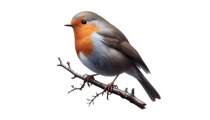 Fototapeta premium Sharp and realistic depiction of a robin sitting on a simple twig against a plain white backdrop with balanced natural composition