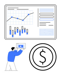 Graphs, bar charts, tablet with video player, and dollar sign highlight business analytics, marketing, and revenue. Ideal for financial planning, analytics, video ads online growth strategy