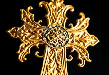 gold cross with intricate designs on a black background