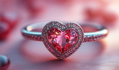 Close-up of a heart-shaped pink gemstone ring.