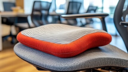 Ergonomic office chair cushion resting on a seat.