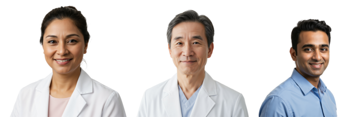 Diverse group of smiling professionals: South Asian female doctor, East Asian male doctor, and South Asian man. Team portrait against transparent background.