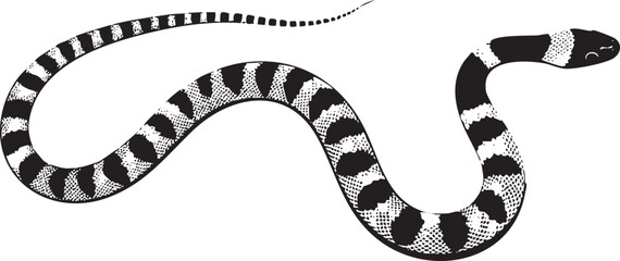 stylized black and white snake curves gracefully across a white background.