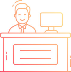 Smiling employee sits at reception desk in modern office providing assistance and creating a welcoming atmosphere for visitors and clients.