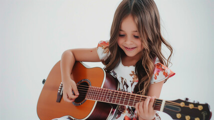 Adorable young girl happily playing acoustic guitar on white background, learning music hobby, childhood creativity and joyful musical education concept