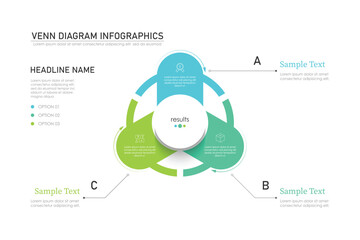 Venn diagram infographic chart template for business 3 parts, options, presentation with venn diagram elements vector illustration.
