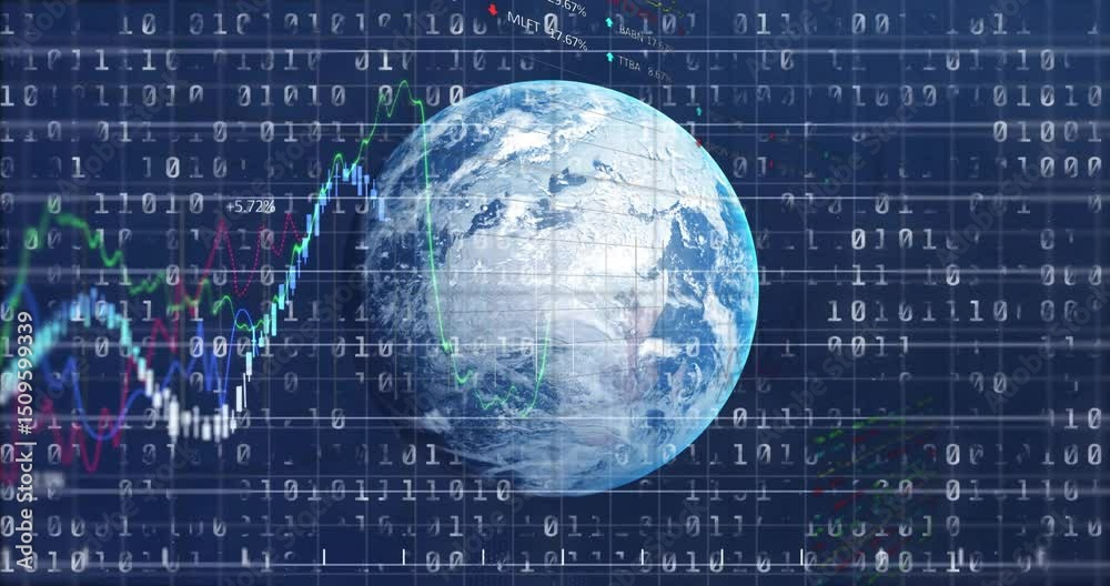 Poster starting 3d earth with binary overlay, line graphs emerging and rotating globe showing live data