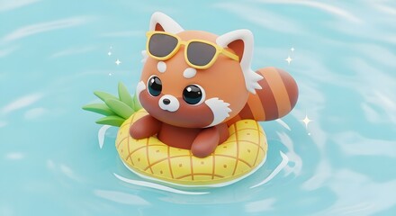Naklejka premium Adorable red panda with sunglasses relaxing on a pineapple float in a sparkling blue pool, enjoying a fun summer day.