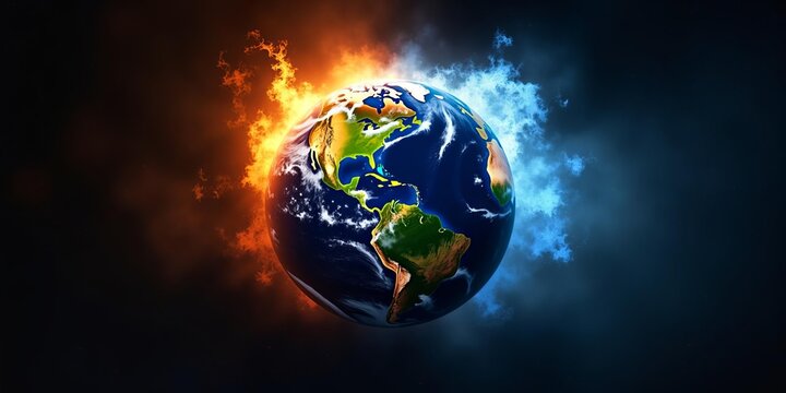 Planet Earth depicted with one side burning in fire and the other frozen in ice, illustrating drastic climate change.