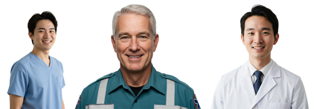 Diverse group of smiling medical professionals. Young Asian male nurse, older Caucasian male paramedic, and young Asian male doctor, portraits on transparent background.