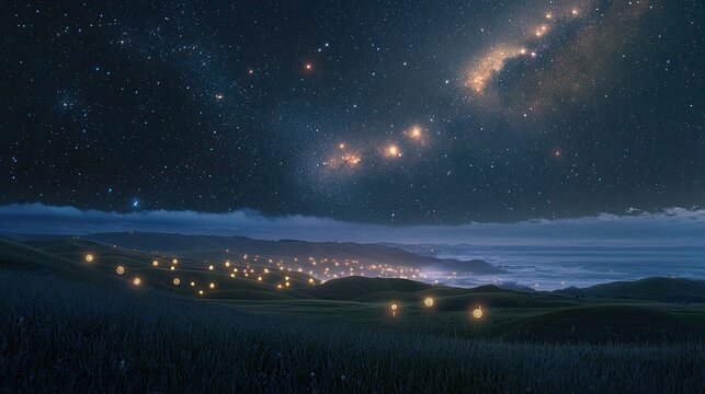 Nighttime landscape with glowing lights on rolling hills under a starry sky.
