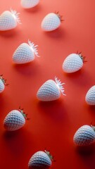 White strawberries scattered on red background....