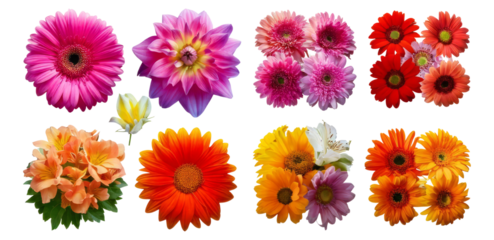 Vibrant Collection of Colorful Gerbera Daisy and Floral Arrangements, Isolated on Transparent, white background