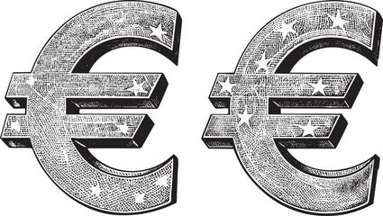 Two stylized currency symbols Euros are intricately etched with stars.