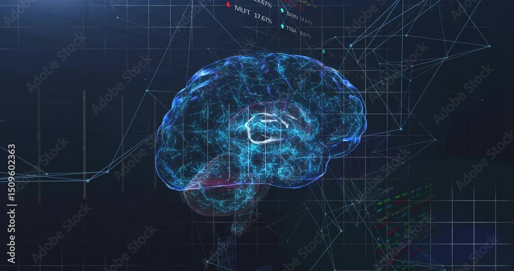 Poster 3d brain floating and rotating, revealing data, tracing graph and scrolling ticker for analytics