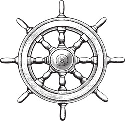 Obraz premium weathered wooden steering wheel dominates a circular nautical instrument.