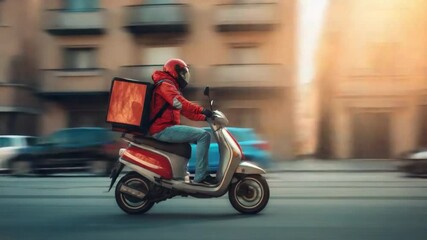A delivery rider speeds through the bustling city streets on a sleek scooter, food delivery backpack. conveying a sense of speed, efficiency.