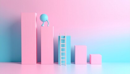 Image of a character climbing a ladder in the background, with a growing bar chart showing a growth rate next to it