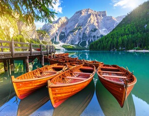 Boats on the Braies Lake ( Pragser Wildsee )
