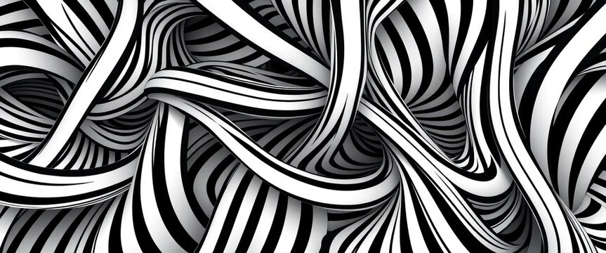 Abstract black and white vector seamless pattern of twisted, interwoven linear stripes creating an optical illusion, style, tiling