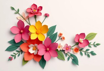 Abstract floral composition; cut paper flowers, leaves, hand-drawn texture, modern, vector, empty space,  contemporary art, border