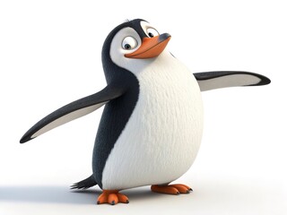 Fototapeta premium cute full-body cartoon penguin standing with a smile, flippers out, on a clean white background.