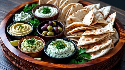 A beautiful wooden serving tray with a spread of assorted dips and pita bread