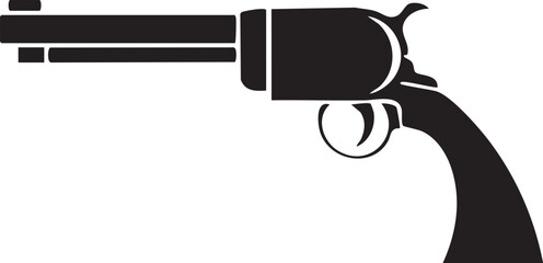 black silhouette of a revolver rests against a white background.
