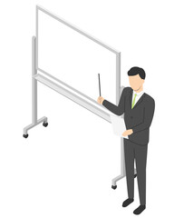 ホワイトボードと説明する会社員男性・アイソメトリック