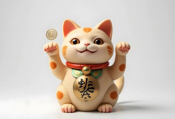 Fototapeta premium Adorable Maneki-neko Figurine: A Charming 3D Render of a Lucky Cat Beckoning Fortune