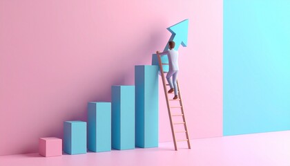 Image of a character climbing a ladder in the background, with a growing bar chart showing a growth rate next to it