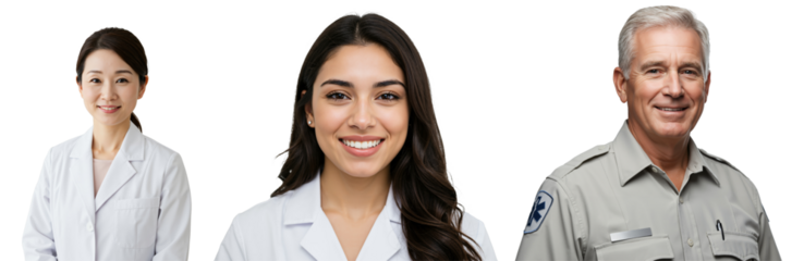 Diverse team of smiling medical professionals. Young Asian female doctor, young Hispanic female healthcare worker, and senior white male paramedic. Isolated on transparent background.