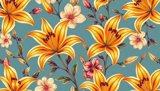 Elegant seamless vintage floral wallpaper pattern featuring golden lilies , wall decor, background