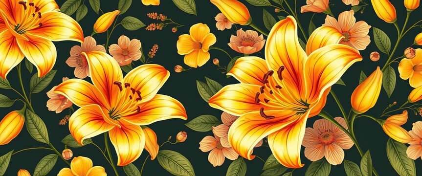 Fototapeta Elegant seamless vintage floral wallpaper with golden lilies  romantic wedding invitation background, invitation template, vintage