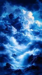 A dramatic, vertical landscape depicting a stormy seascape beneath a turbulent, dark blue sky, illuminated by ethereal light breaking through the clouds