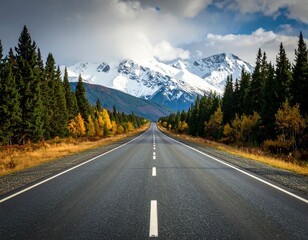 Fototapeta premium View of road leading towards snowy mountains
