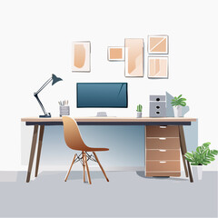 Minimalist Home Office Workspace Clean Design Vector Illustration