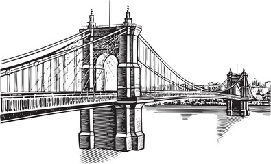 Obraz premium detailed black and white depicts a suspension bridge spanning a wide waterway.