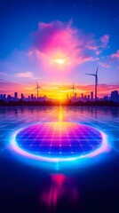 Vibrant sunset over a cityscape with wind turbines, reflecting on a glowing circular energy source