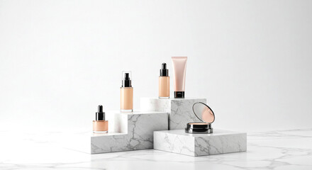 Modern makeup cosmetics set on the marble counter