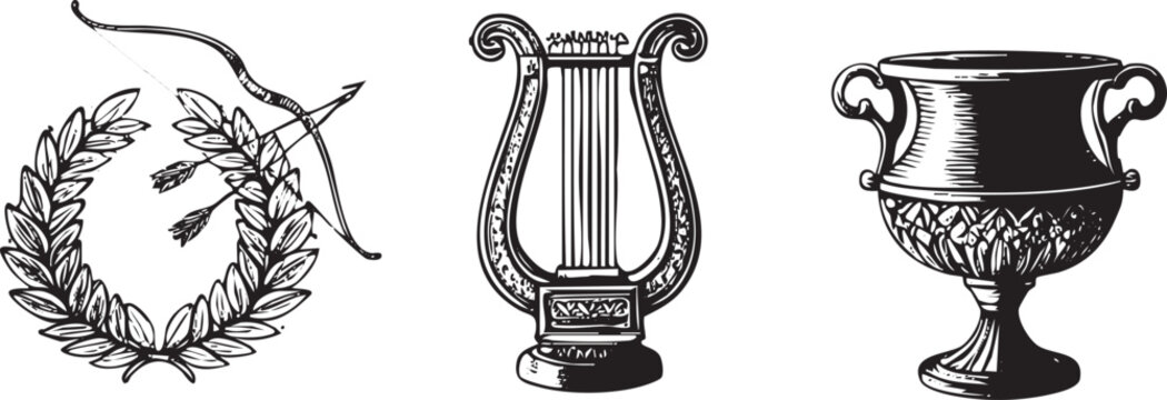 black and white depicts a lyre an urn and a bow with arrows.
