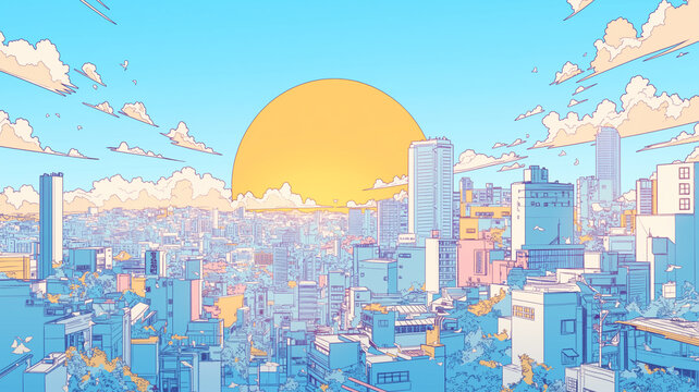 レトロフューチャーな高層都市と巨大な夕日が描かれた、サイバーパンク風の幻想的な風景イラスト｜ピンクとブルーのグラデーションが美しい近未来建築の街並み