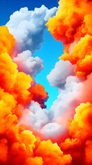 Fototapeta premium Vibrant orange and white clouds part to reveal a clear blue sky, creating a celestial, dreamlike composition