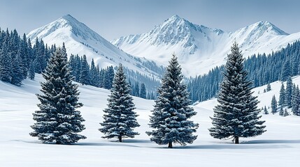 Snowy landscape with evergreen trees and majestic mountains.