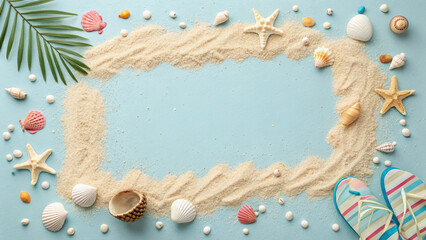 Summer frame with sand and decorations. blue background. Photo from above.